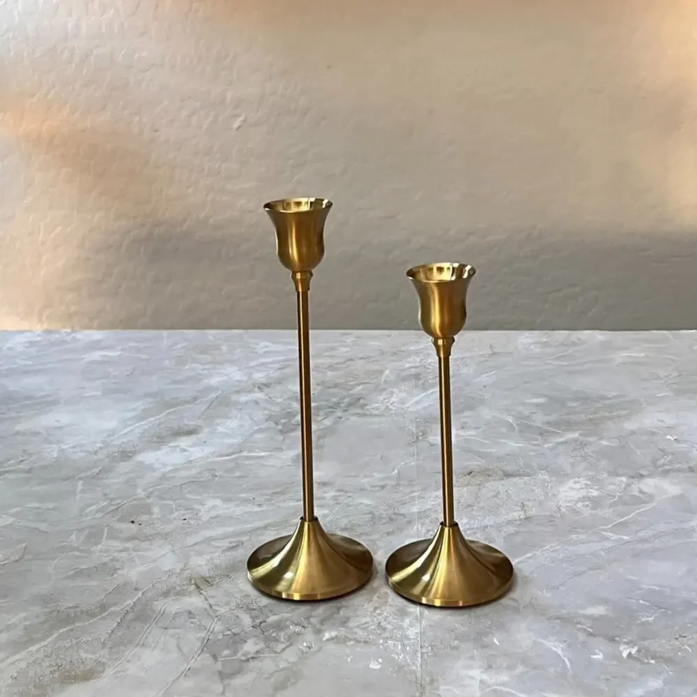 Set of 2 Gold Metal Taper Candle Holders 7.75" & 6.5" Tall - Picture 3 of 7